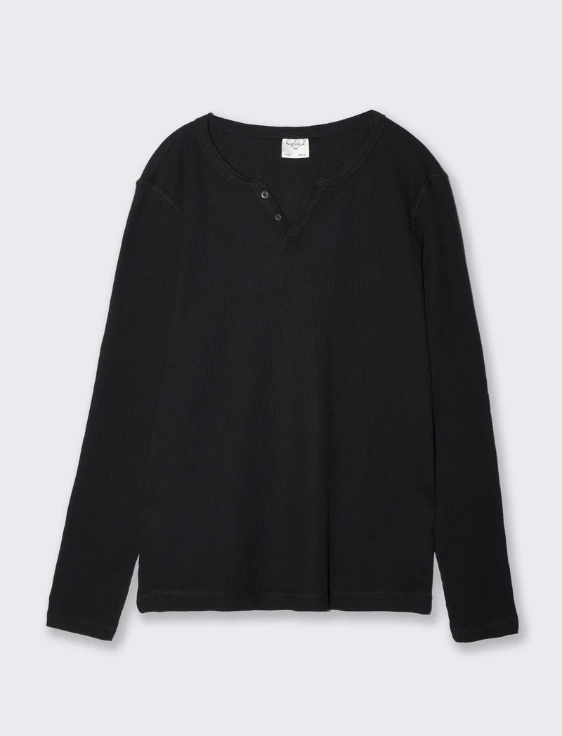 T-shirt serafino waffle maniche lunghe - Nero