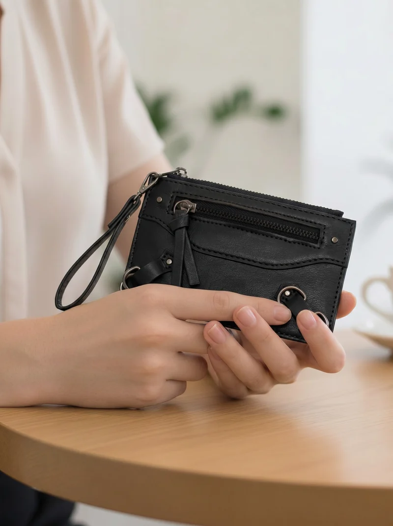 Portacarte con zip e gancetti - Nero