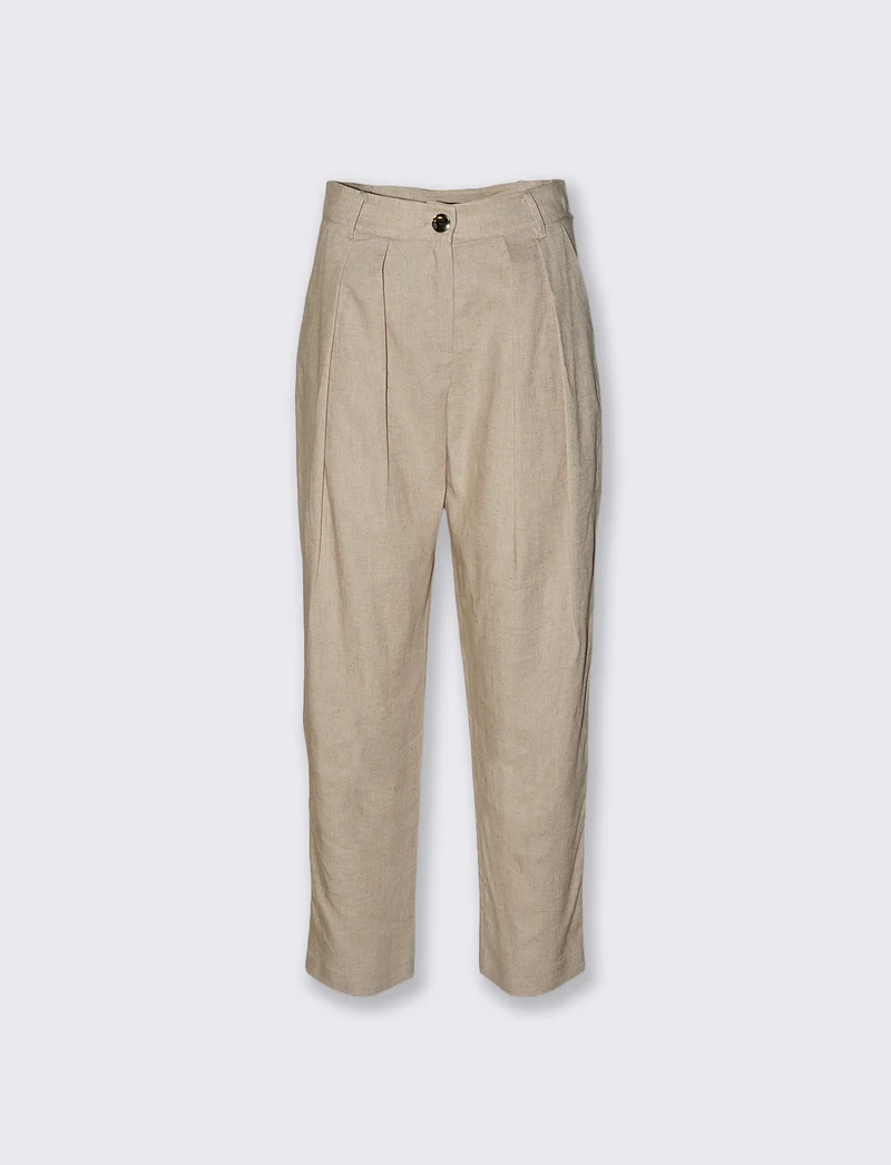Pantaloni in lino con bottoni e pinches - Beige