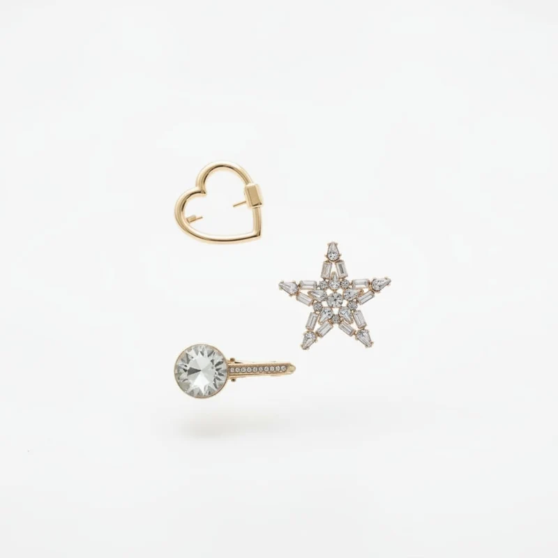 Spille cuore, stella e chiave con strass - Oro