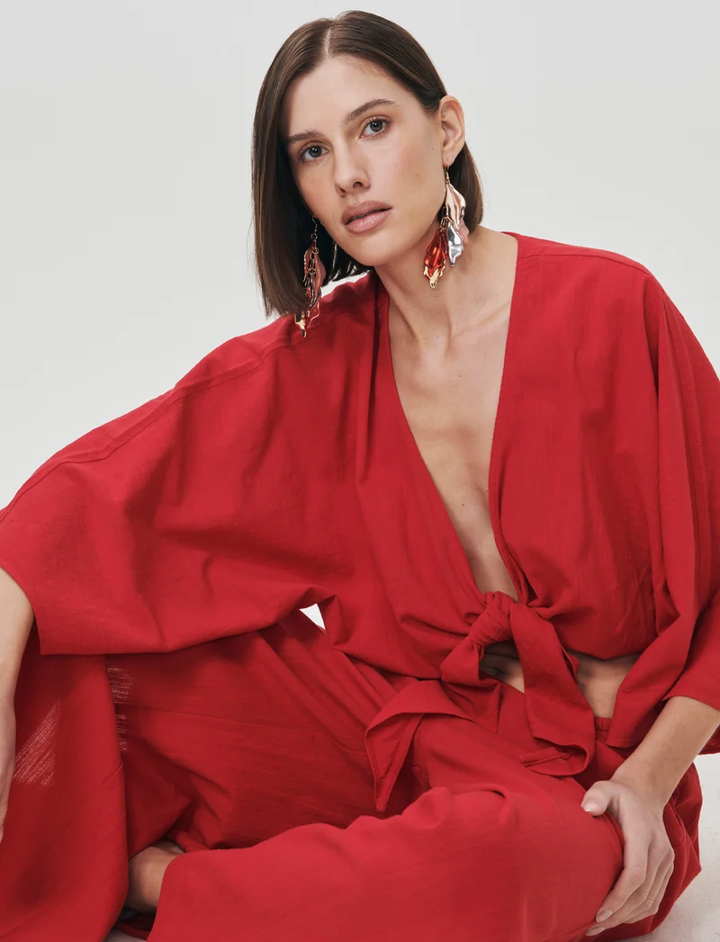 Casacca Kimono in Cotone con Nodo - Rosso