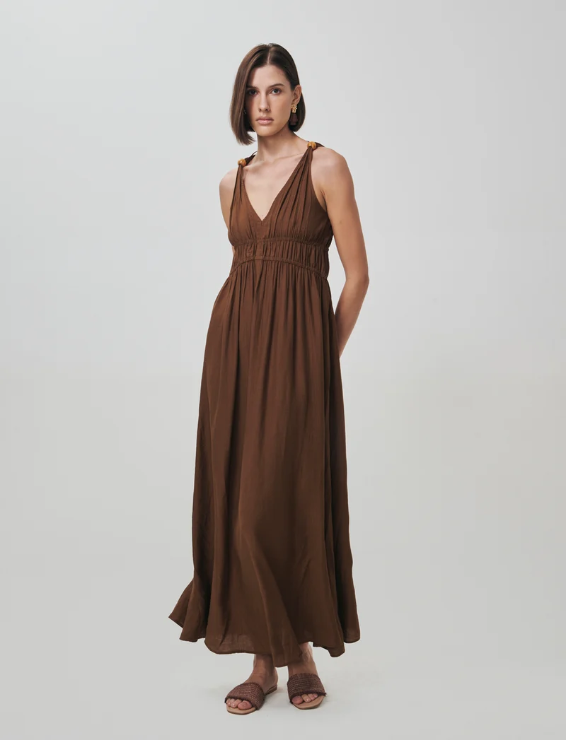 Vestito lungo con scollo a V e arricciato - Marrone tabacco