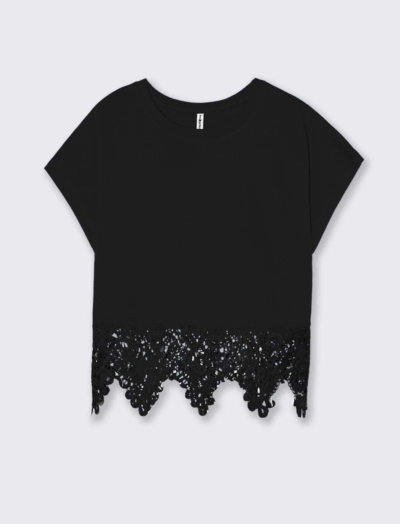 T-Shirt in Cotone con Pizzo al Fondo - Nero