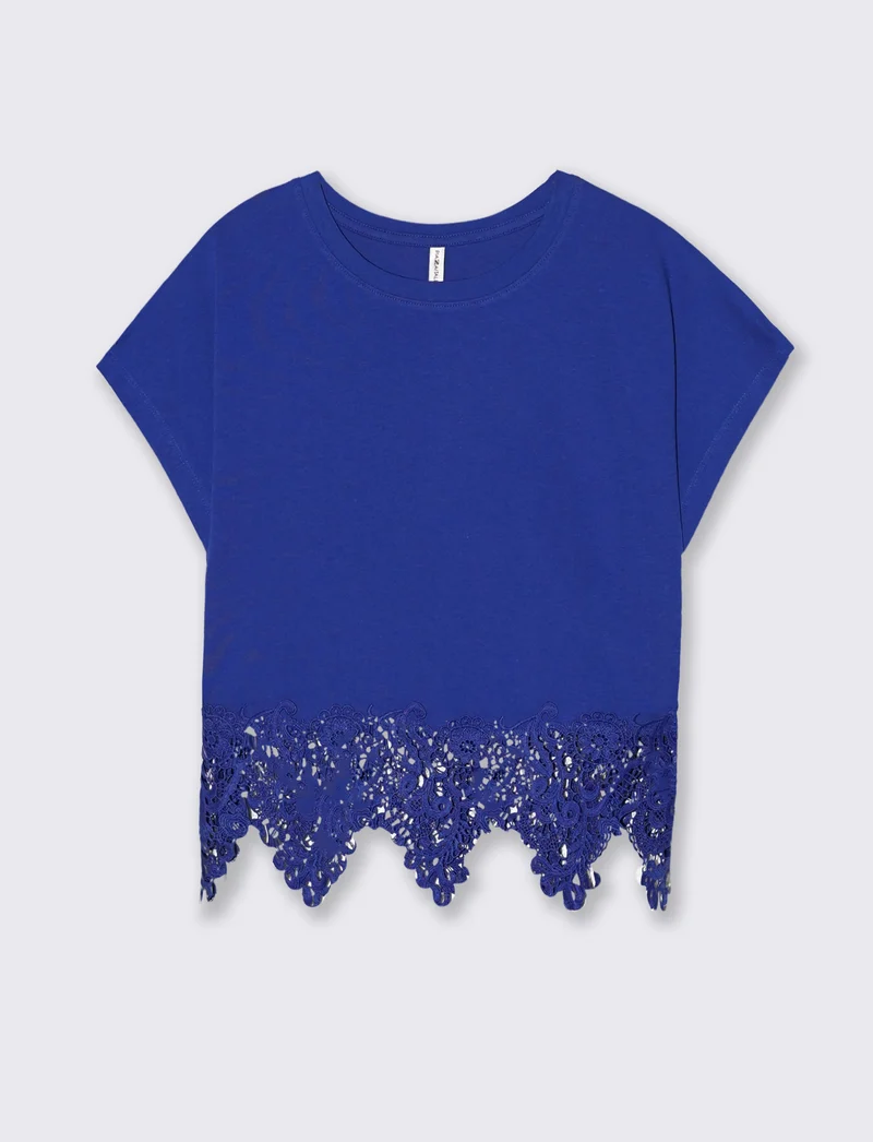 T-Shirt in Cotone con Pizzo al Fondo - Royal