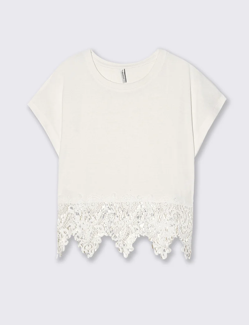 T-Shirt in Cotone con Pizzo al Fondo - Avorio