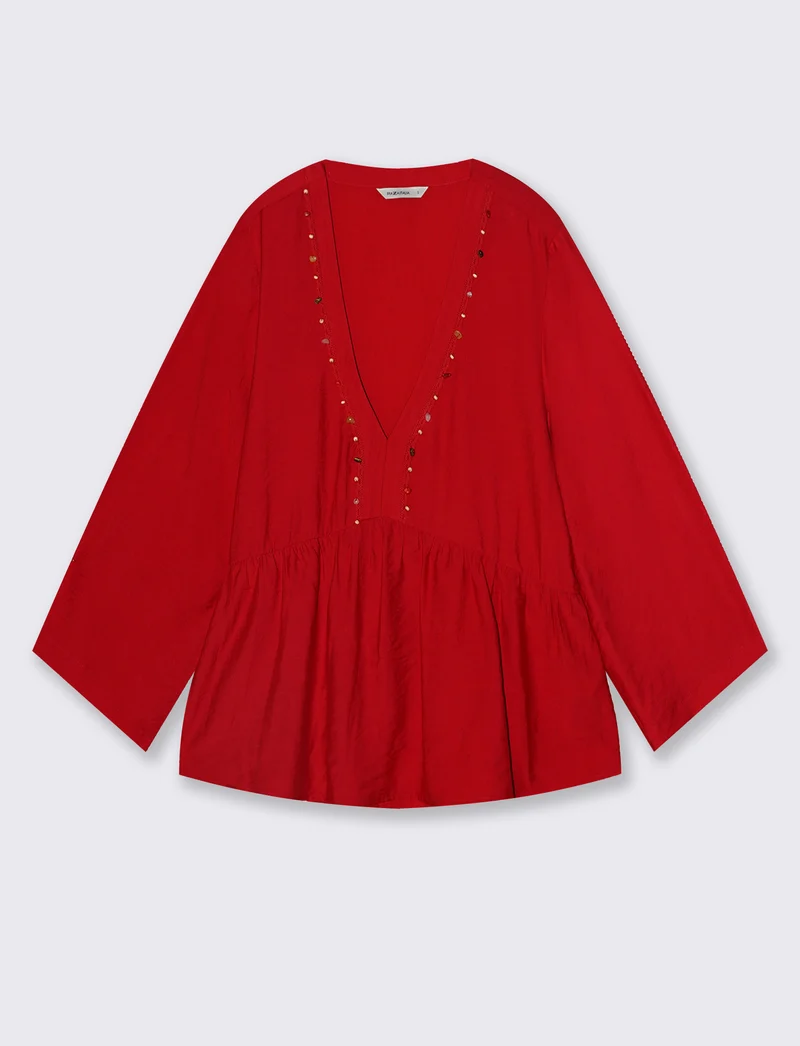 Blusa V Decorata con Perline Colorate - Rosso