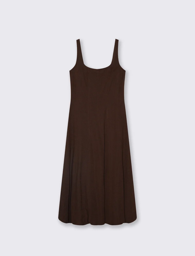 Vestito lungo smanicato con tagli e svaso - Marrone cioccolato