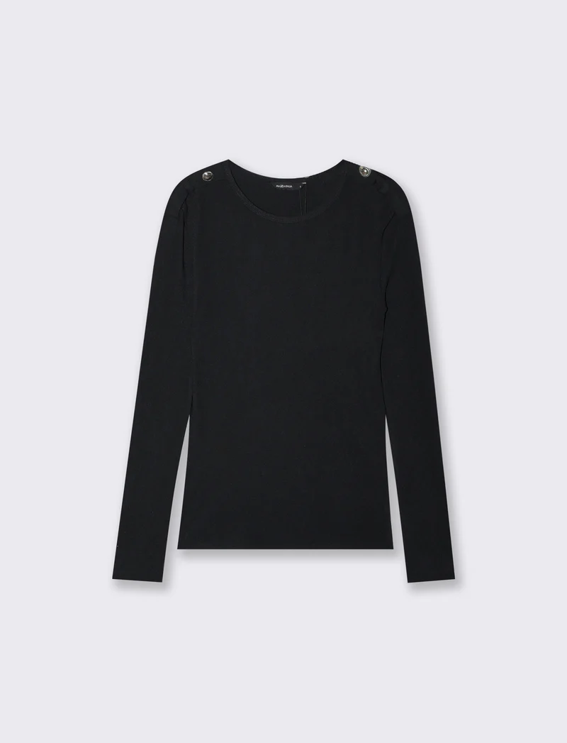 T-shirt manica lunga a costine con bottone - Nero