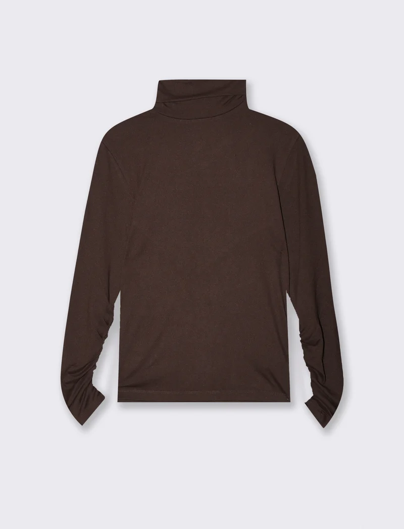 T-shirt collo alto a manica lunga con arriccio - Moro