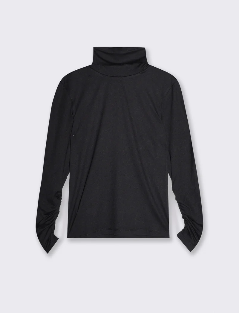 T-shirt collo alto a manica lunga con arriccio - Nero