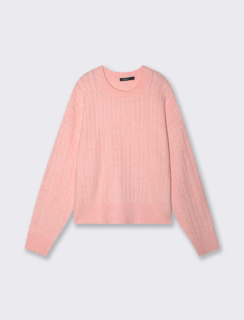 Maglia a trecce con collo paricollo - Rosa chiaro