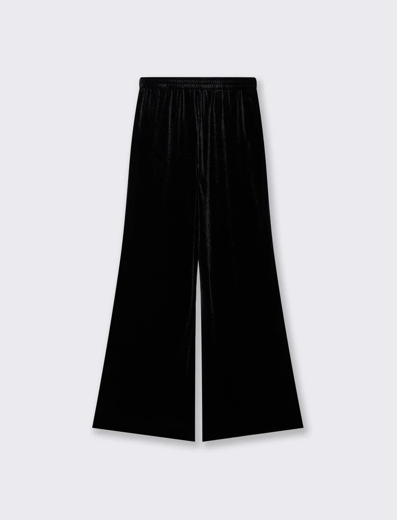 Pantalone in velluto wide leg con elastico - Nero
