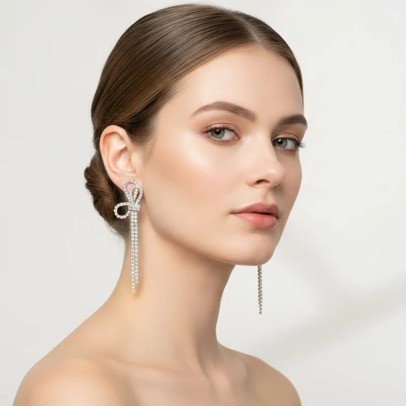 Orecchini pendenti mezzo fiocco strass - Argento