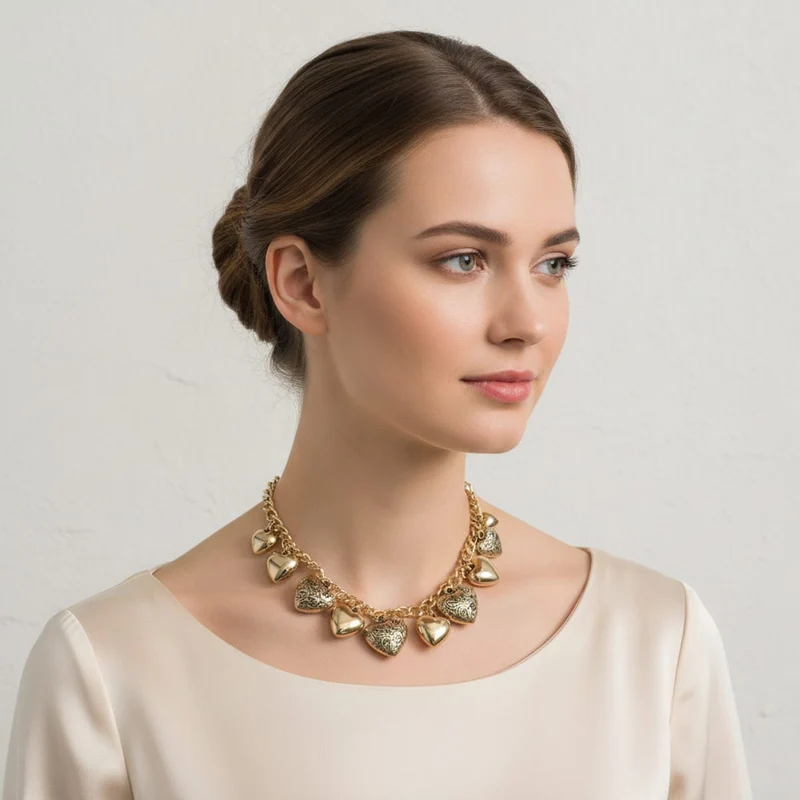 Collana con cuori intarsiati e lisci - Oro