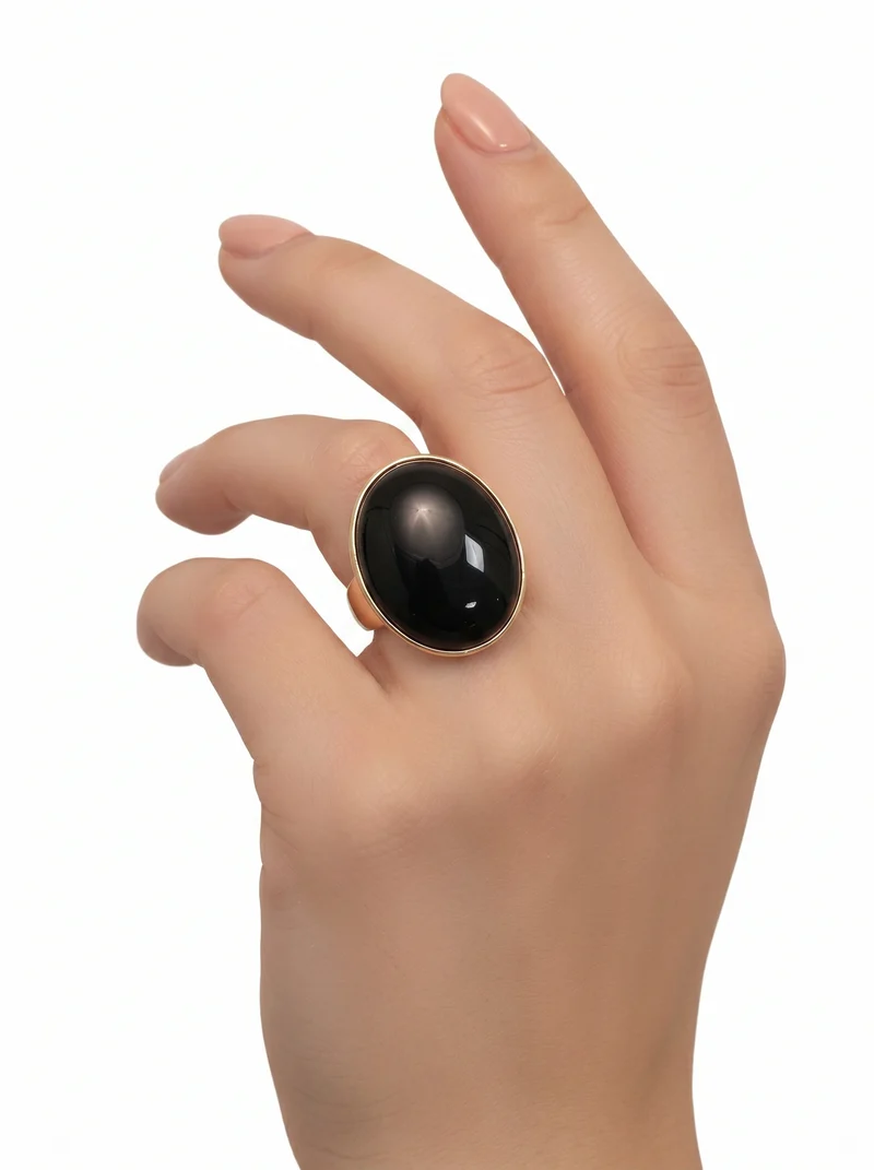 Anello elastico con pietra ovale - Nero