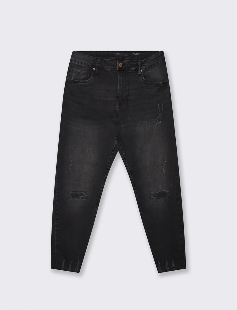 Jeans slim tapered cropped fit con strappi - Nero