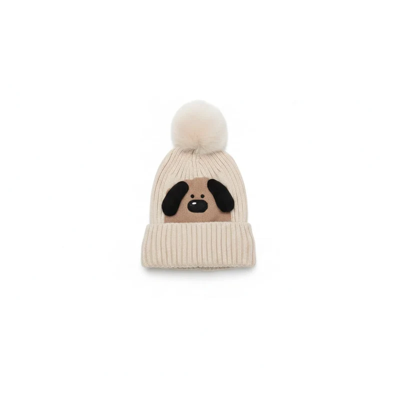 Cuffia con pon pon per amanti dei cani - Bianco panna