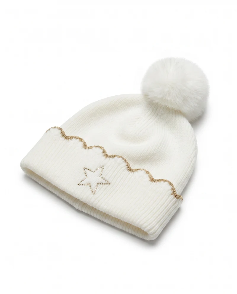 Cappello lurex con pon pon e strass - Bianco sporco