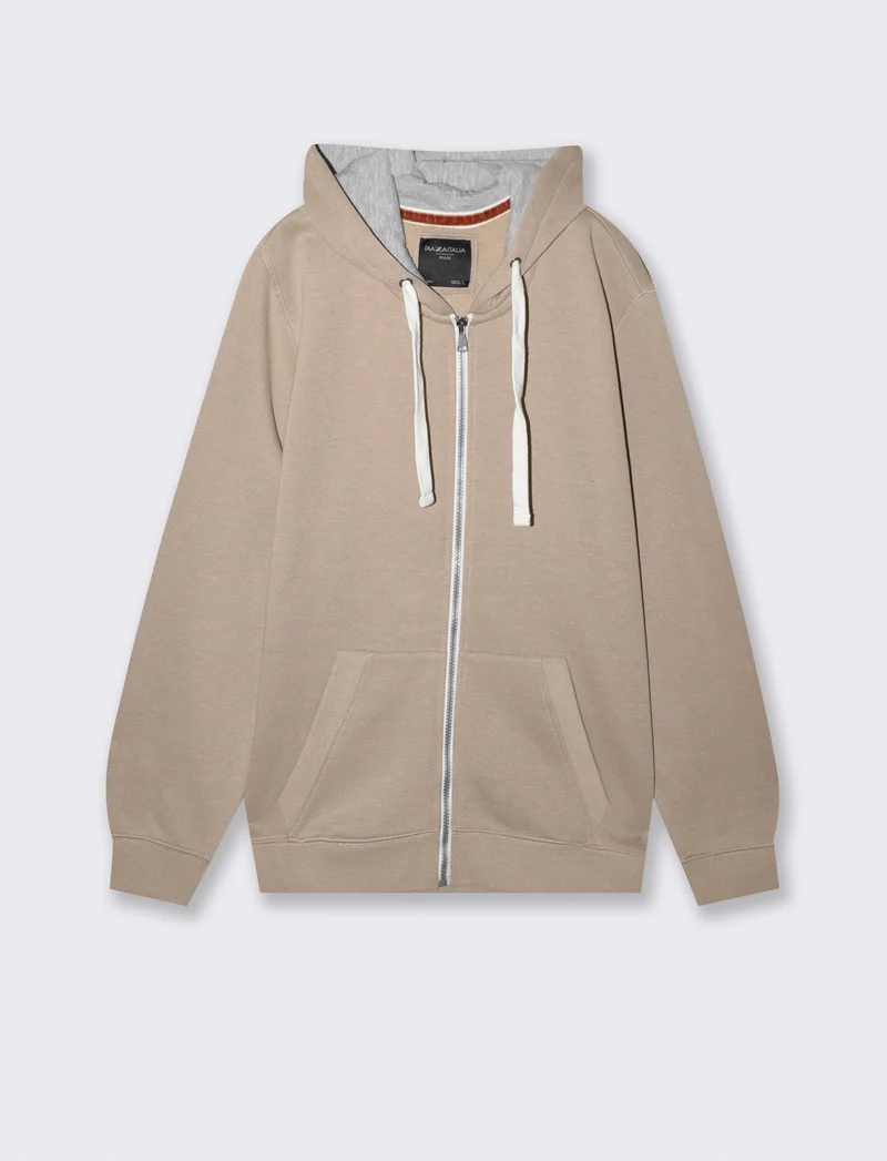 Felpa con cappuccio e cerniera melange - Beige