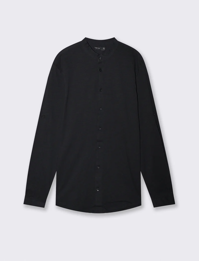 Camicia jersey slub con collo coreano - Nero