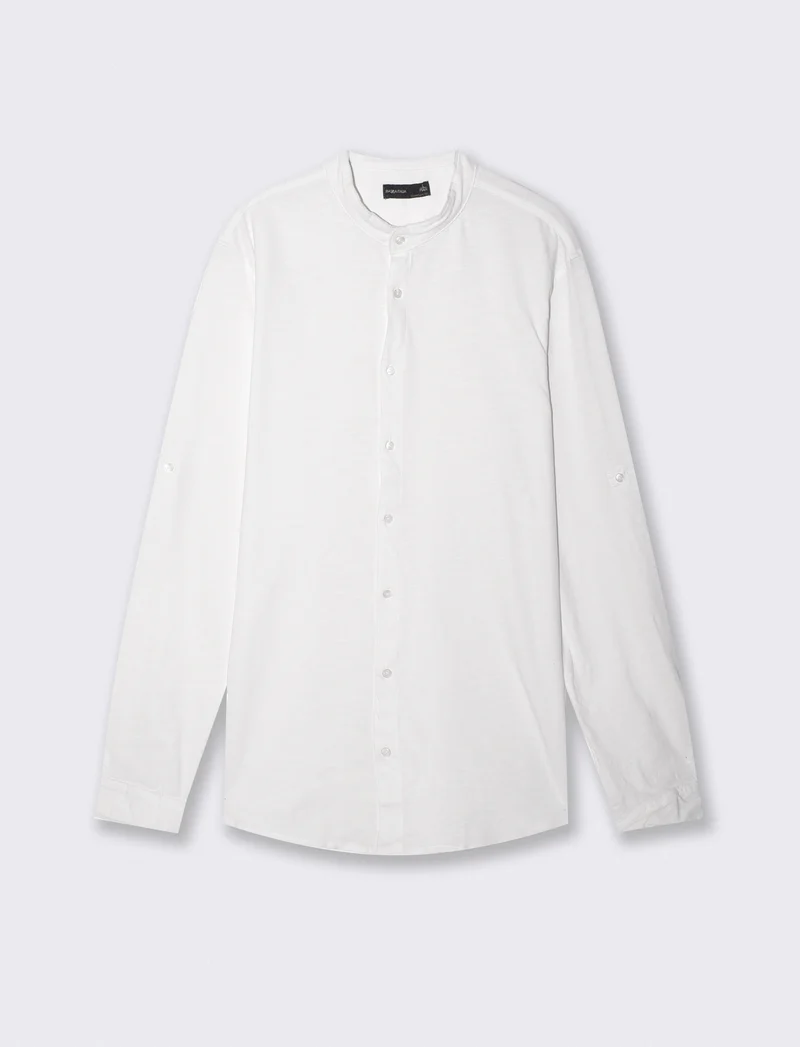 Camicia jersey slub con collo coreano - Bianco