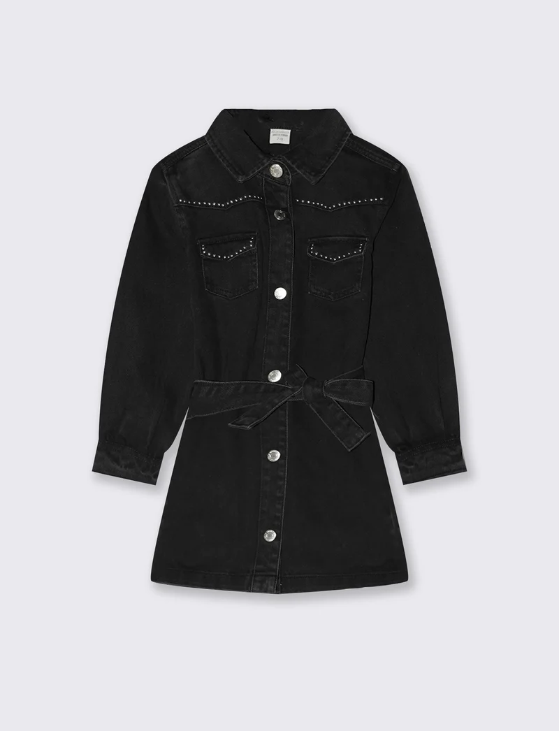 Abito in denim rock con borchie e cintura - Nero