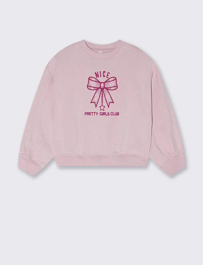 Felpa girocollo bambina con ricamo - Rosa polvere