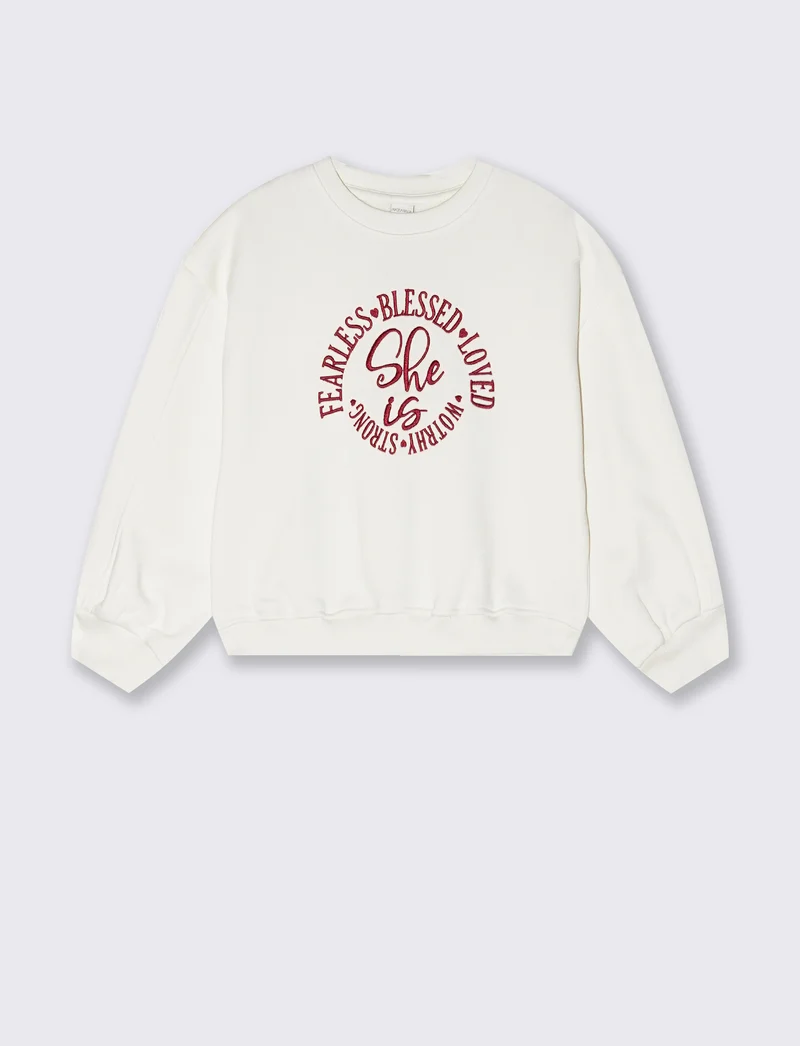 Felpa girocollo bambina con ricamo - Bianco latte