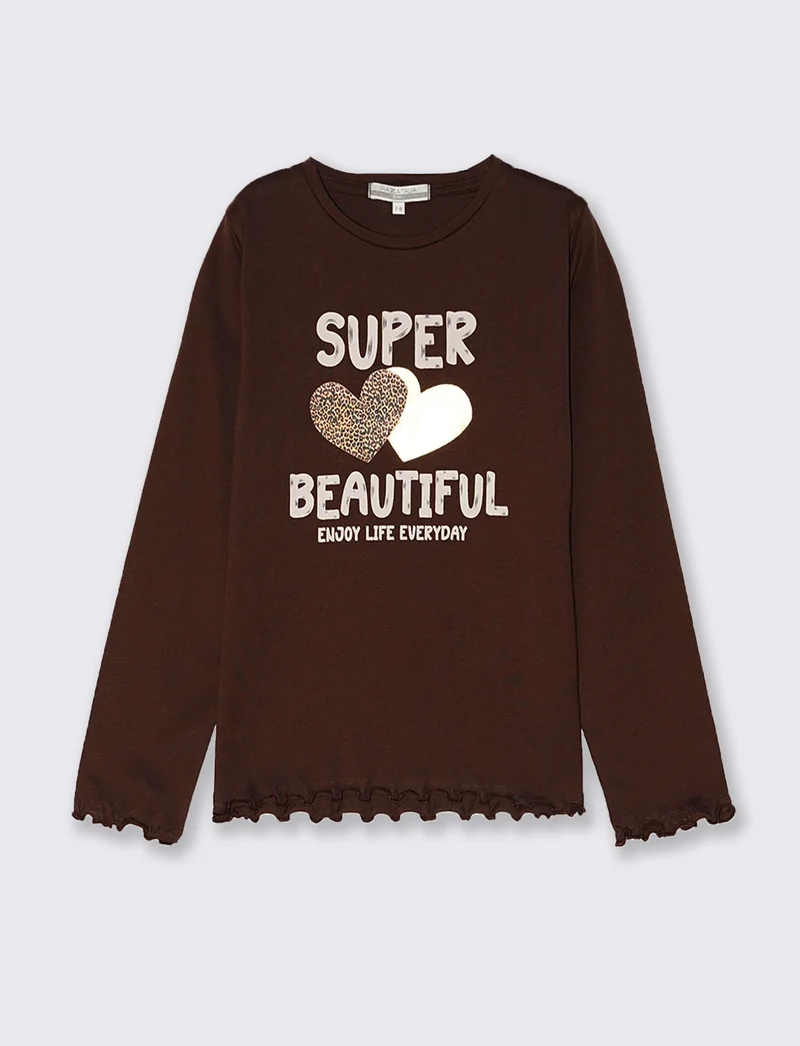 T-shirt manica lunga con orlo ondulato - Marrone cioccolato