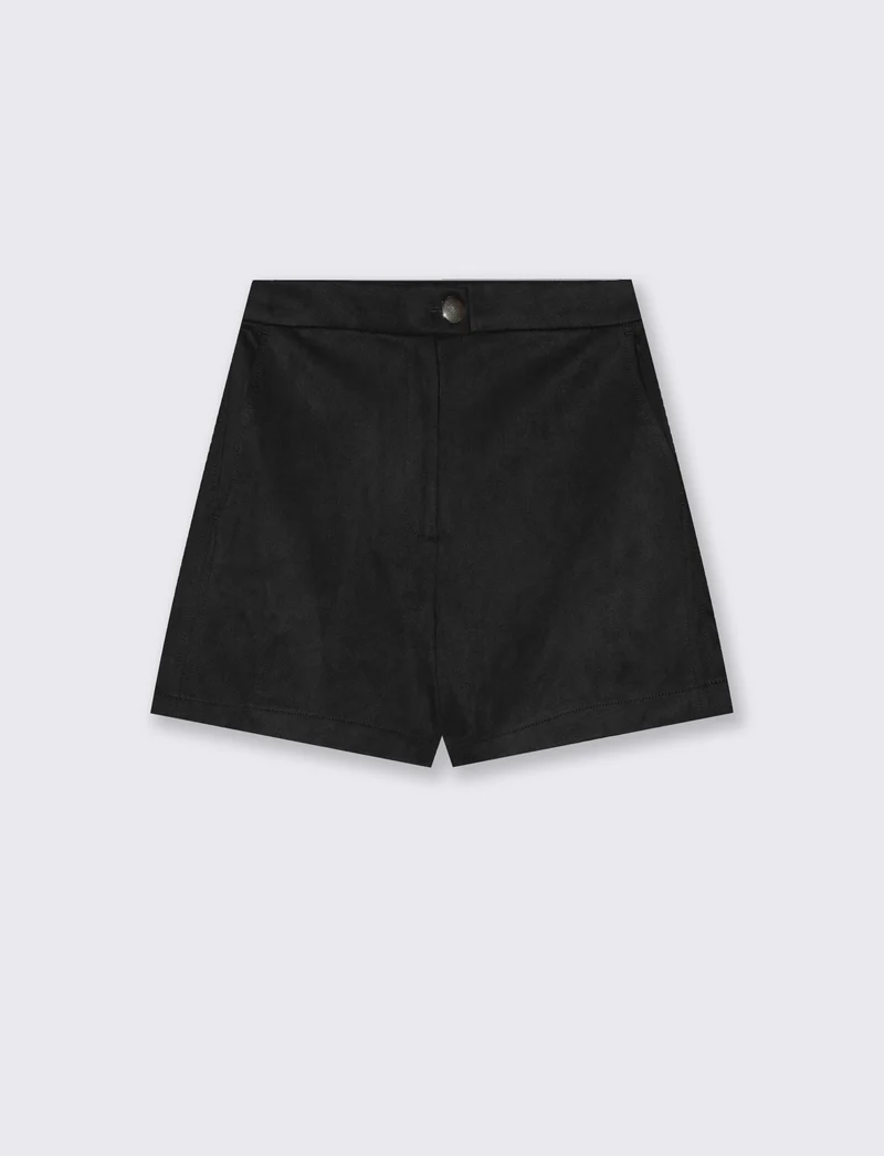 Short in suede con vita media e bottone - Nero