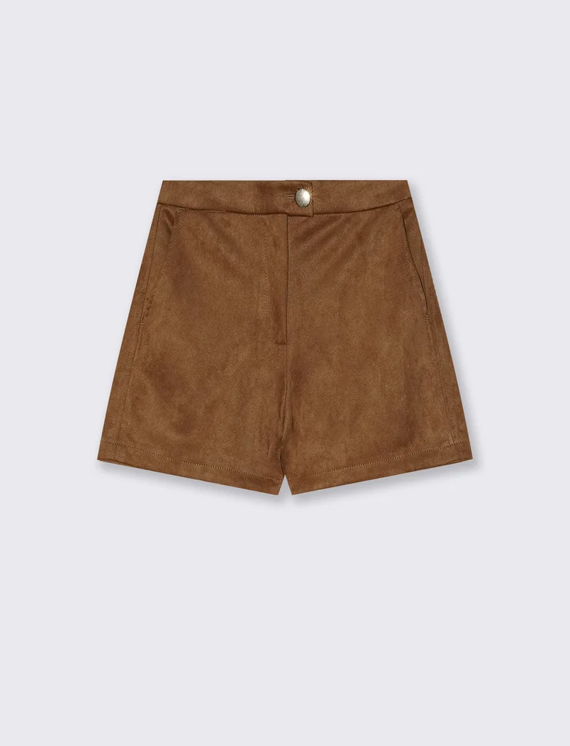 Short in suede con vita media e bottone - Cammello