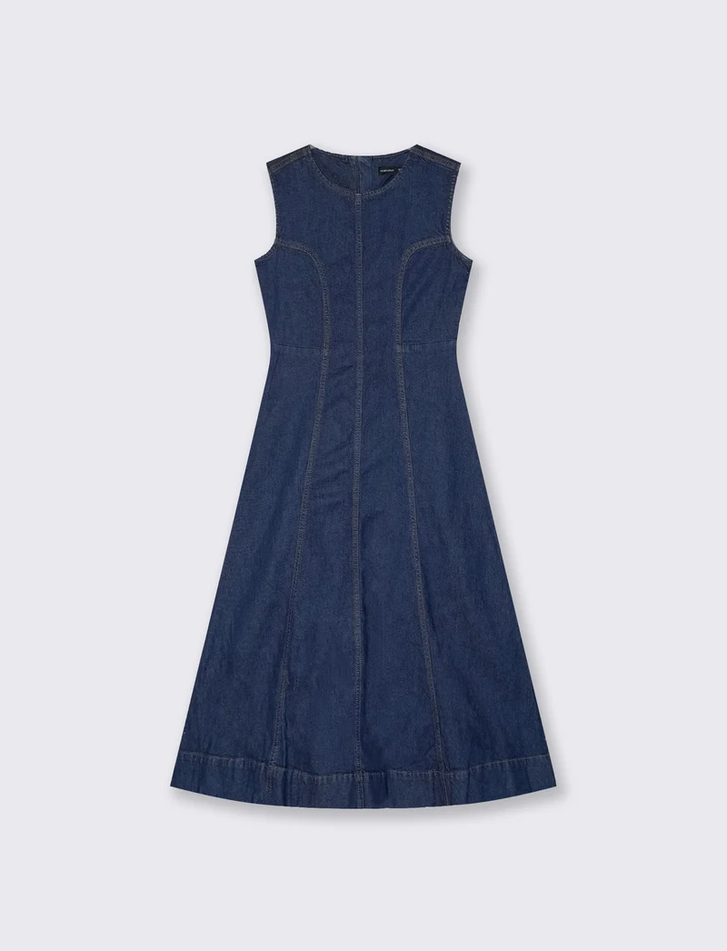 Vestito lungo smanicato in denim svasato - DENIM SCURO