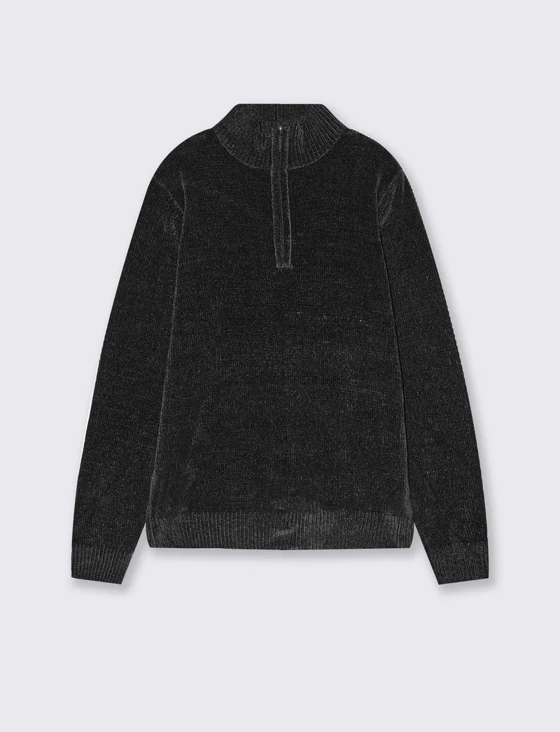 Maglia ciniglia collo alto con cerniera - Nero