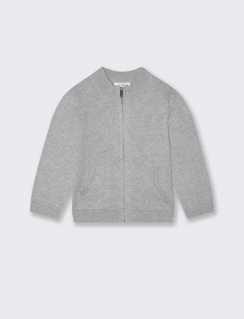 Cardigan basico con zip e tasca canguro - Grigio mel.