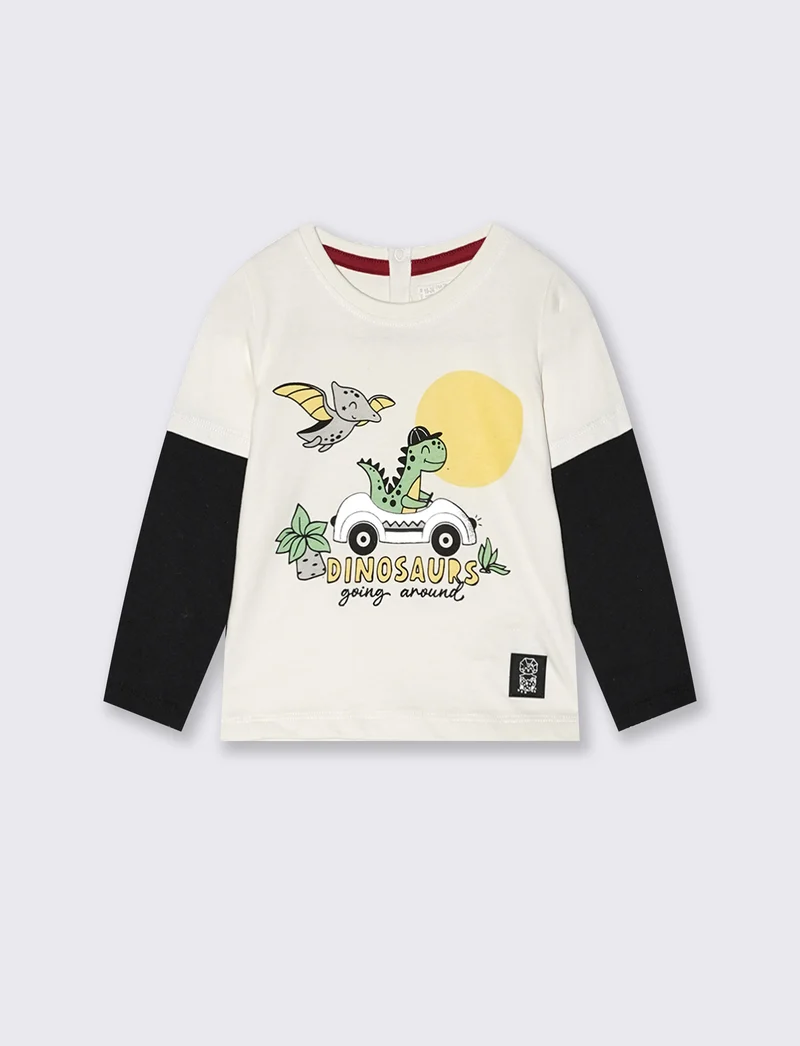 T shirt manica lunga a contrasto con stampa - Bianco latte