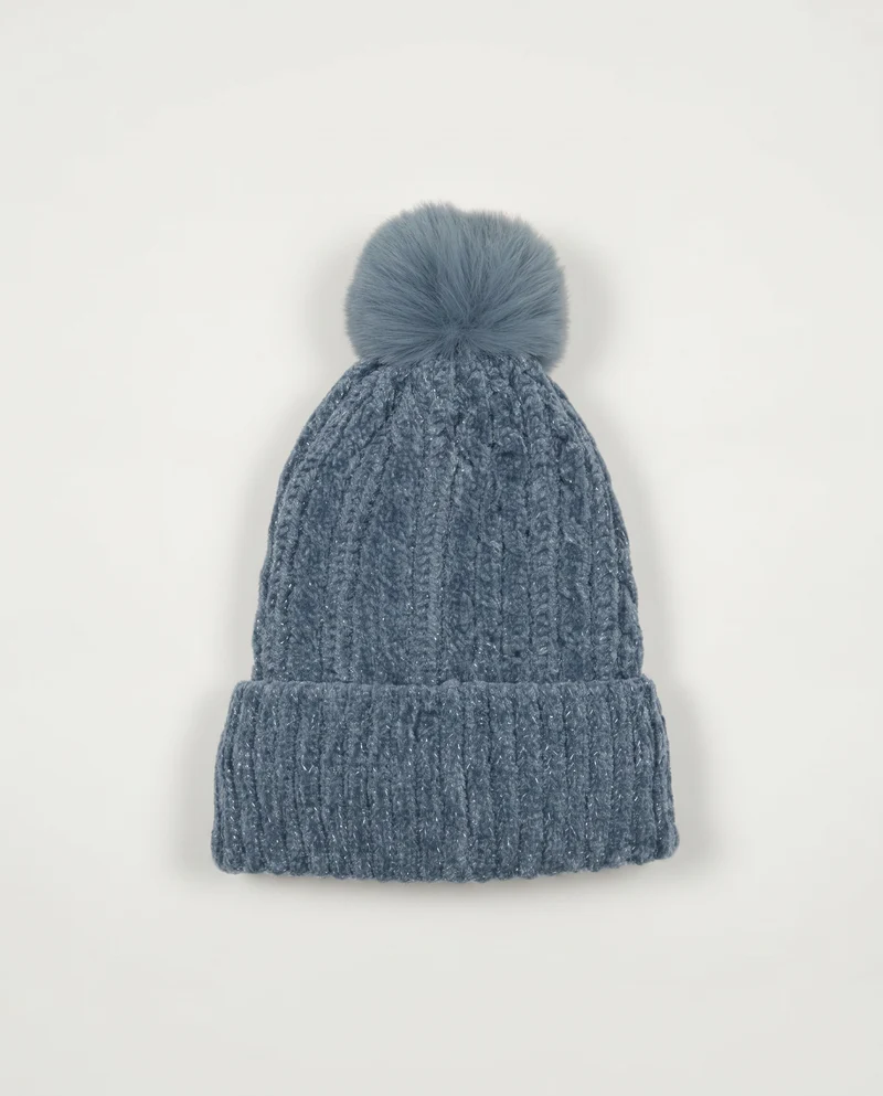 Cappello in maglia lurex con pon pon - Denim