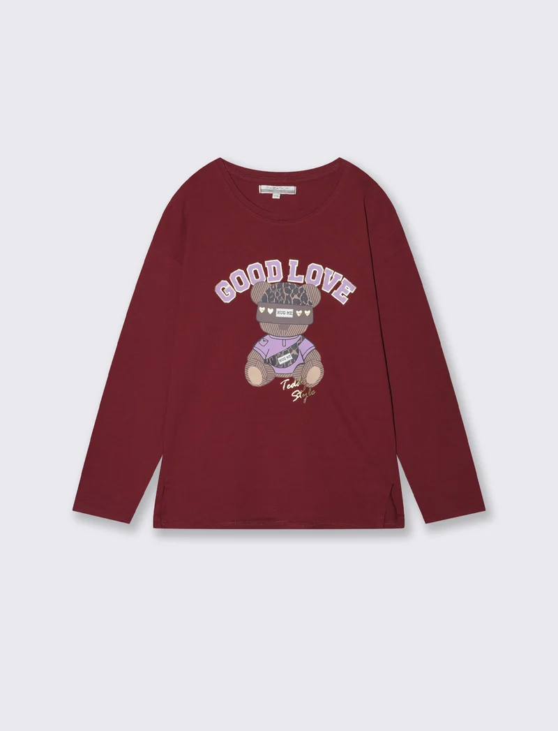 T-shirt lunga girocollo con stampa brillante - Bordeaux