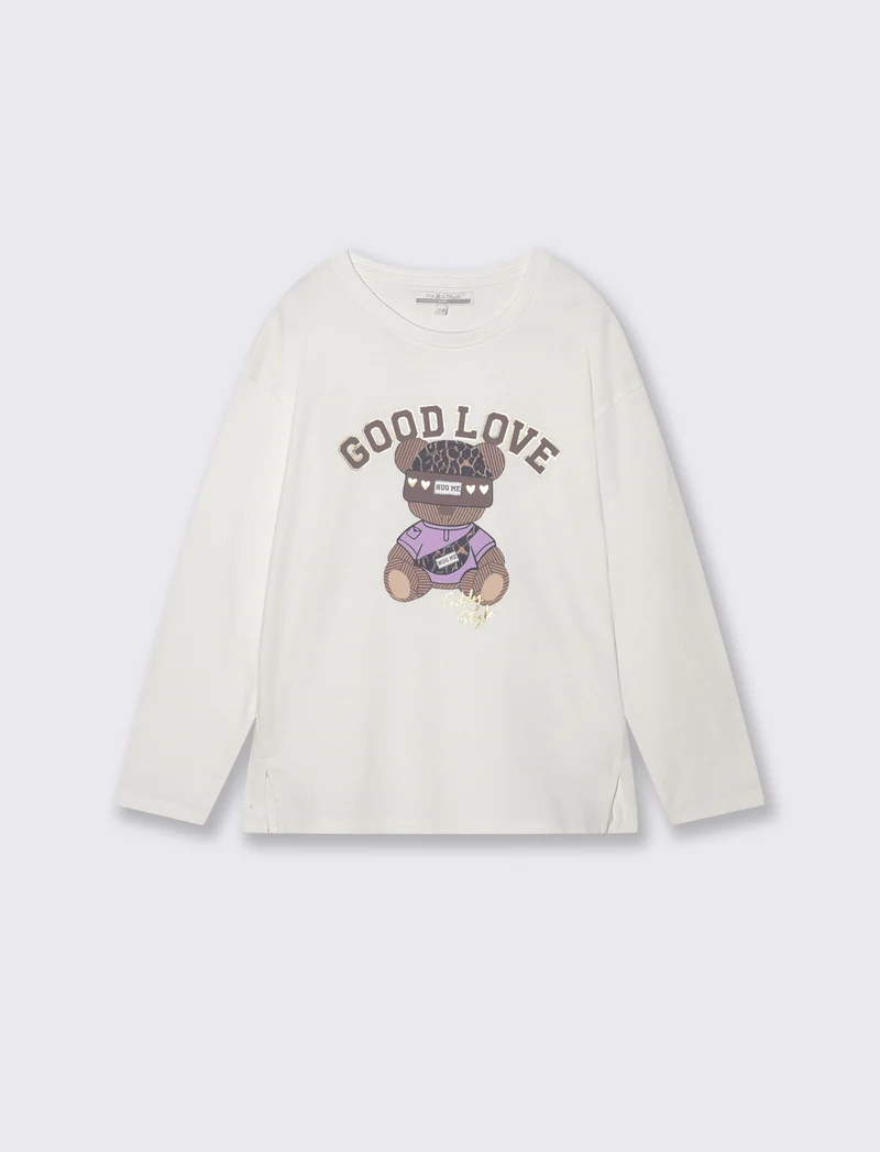 T-shirt lunga girocollo con stampa brillante - Bianco latte