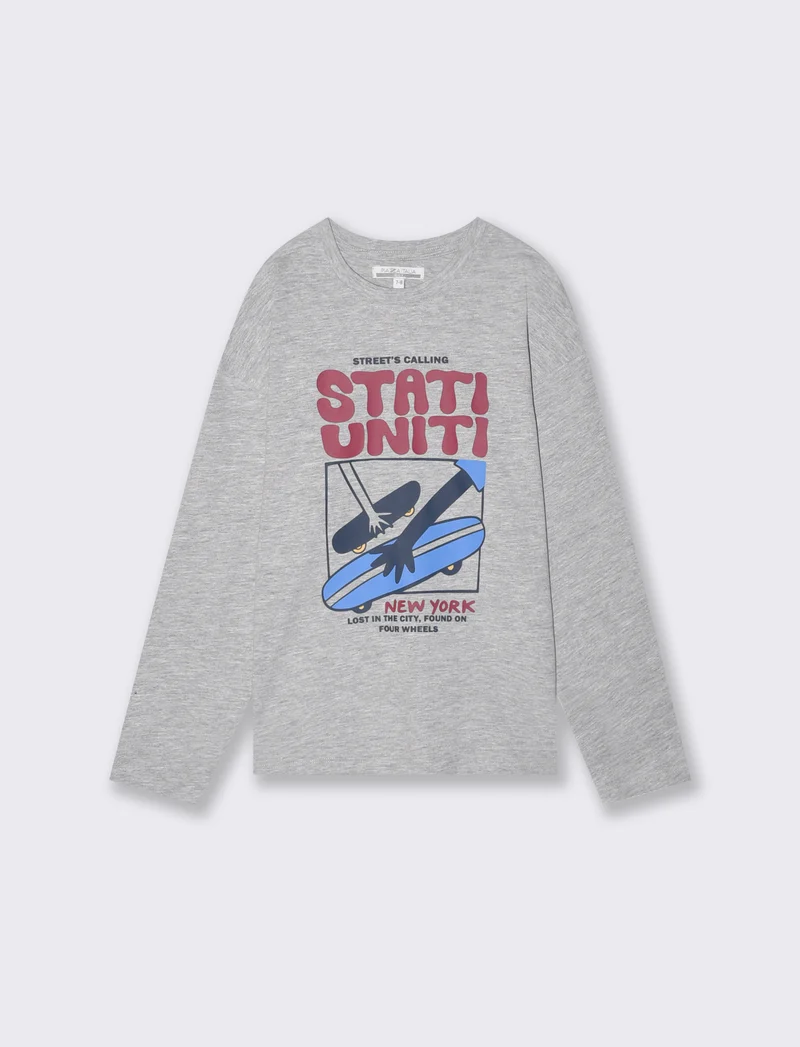 T-shirt fiammata con stampa colorata - Grigio mel.