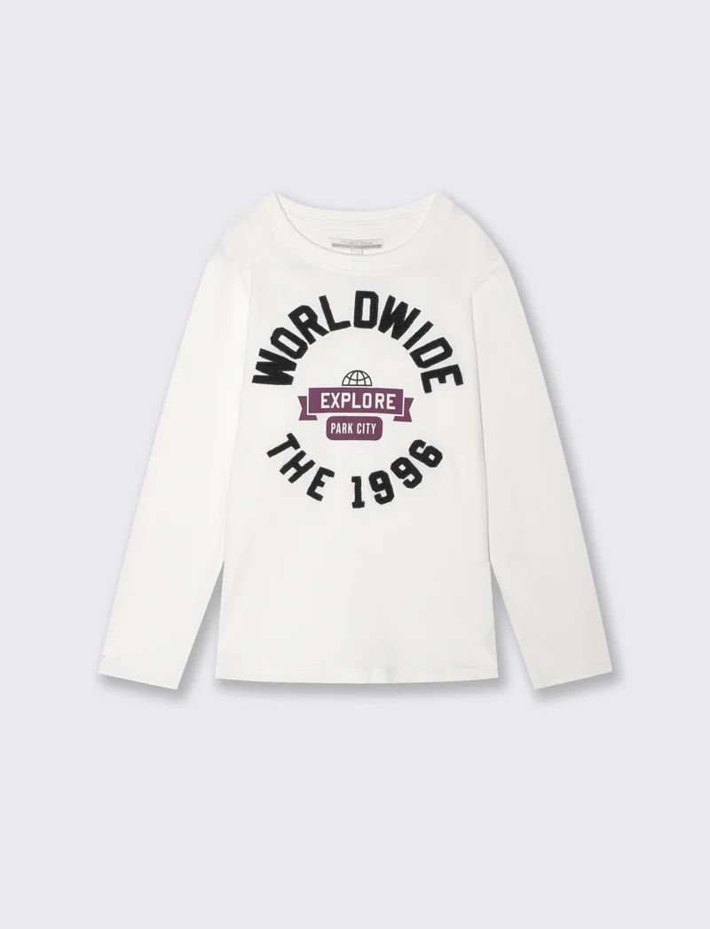 T-shirt cotone con stampa e ricamo - Bianco latte