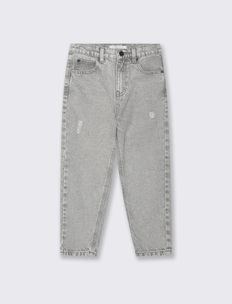 Jeans Regular con Rotture e Vita Elastico - Grigio