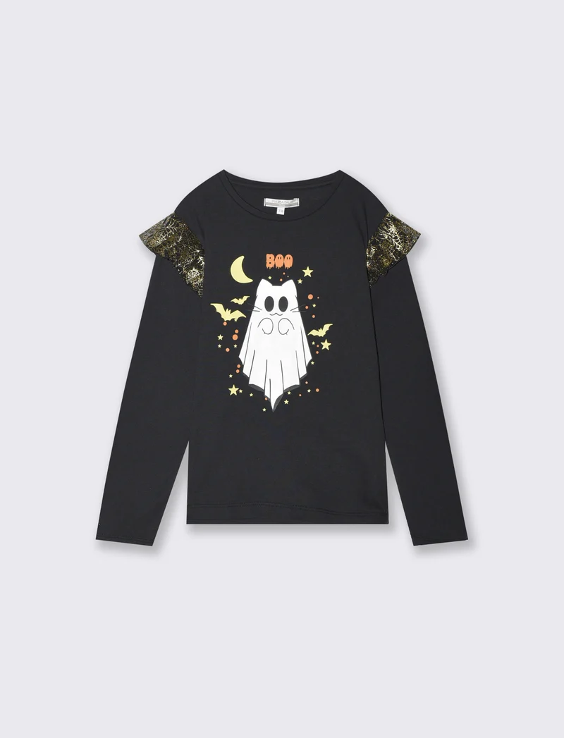 T-shirt Halloween con stampa e maschera - Nero