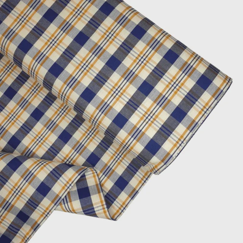 Tessuto cotone tinto in filo H 180 cm - QUADRO MARINO/SENAPE