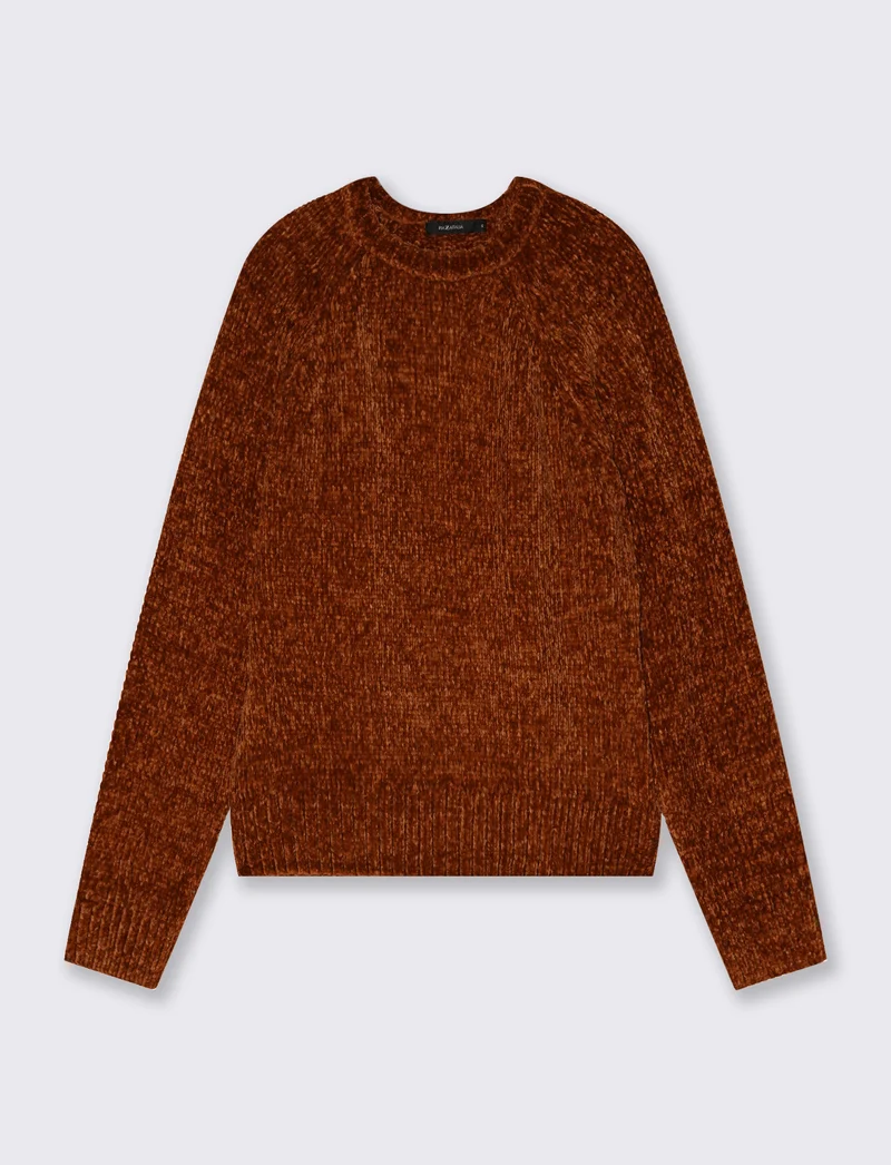 Pullover girocollo in ciniglia basic - Marrone bruciato