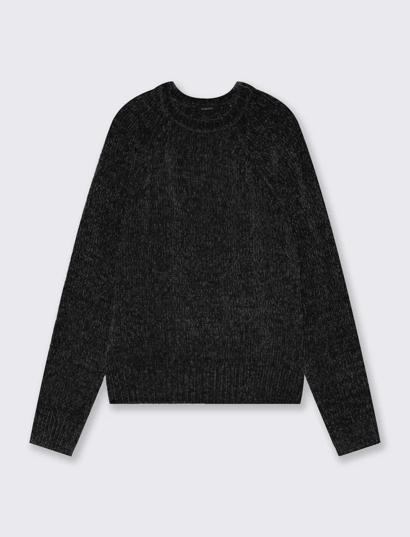 Pullover girocollo in ciniglia basic - Nero