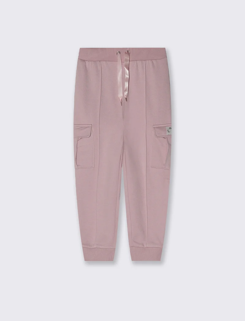 Pantaloni in felpa tasconati con nastro - Rosa polvere
