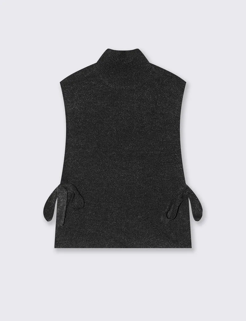 Maglia smanicata a collo alto con fiocco - Nero