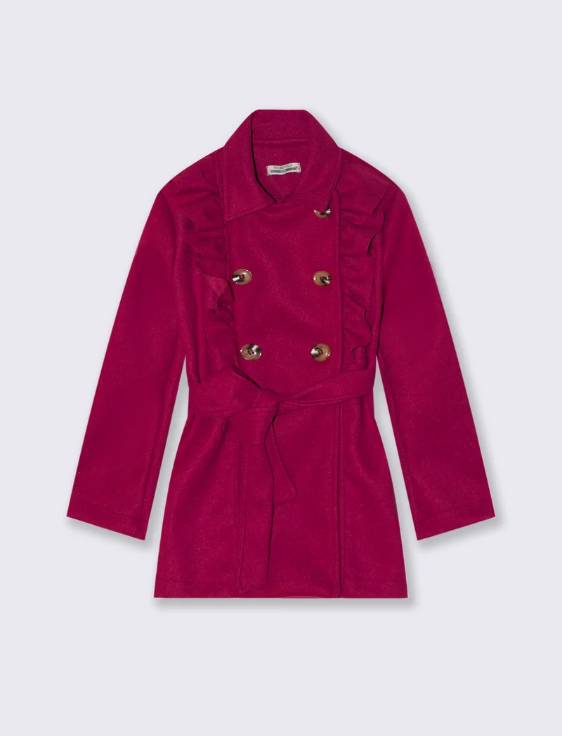Trench da bambina con rouches laterali e doppia abbottonatura. - Magenta