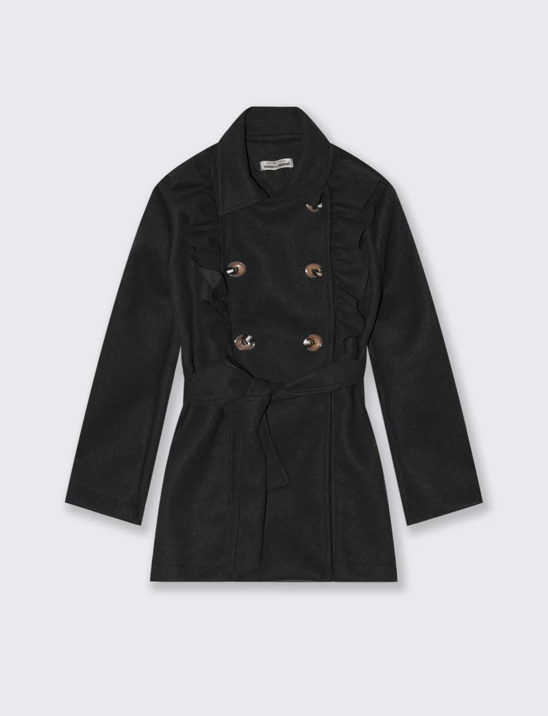 Trench da bambina con rouches laterali e doppia abbottonatura. - Nero