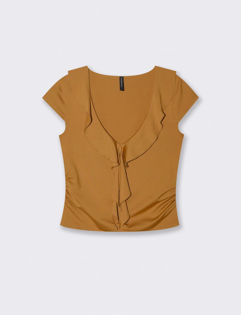 T-shirt manica corta con volant e scollo a V - Senape